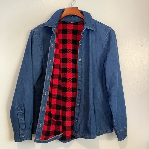 Riders Women's Blue Button Up Buffalo Plaid Fleece Lining Size Med Cotton Shirt - Picture 2 of 8